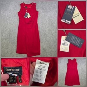 Barbour Leathen Dress Womens 4 Red Summer Tartan Sleeveless Lined Midi Shift